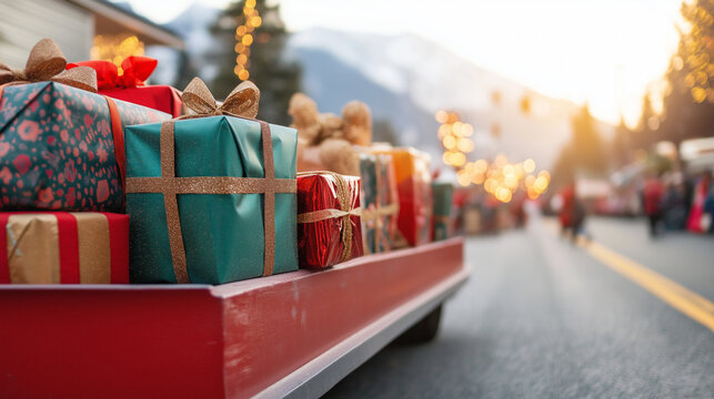 Christmas gifts on parade float during three kings parade celebration. Ideal for promotions, social media posts or ads. With copy space