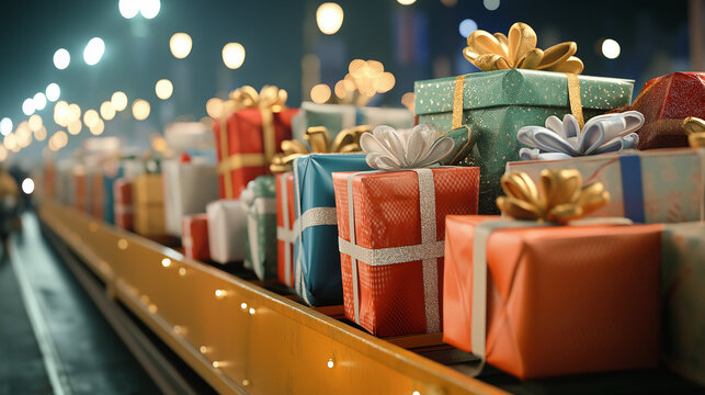 Colorful wrapped christmas gifts on parade float during three kings parade