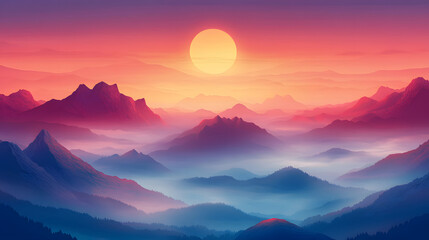 Majestic Sunset Over Misty Mountain Ranges