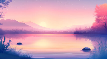 Fototapeta premium Serene Sunset Over Mountain Lake Landscape