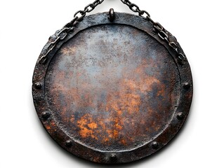 Rusty Iron Plate, Round Shape, Hanging with Chains, on White Background, Abstract Image for Advertising Campaigns, Creatives, Advertisements.