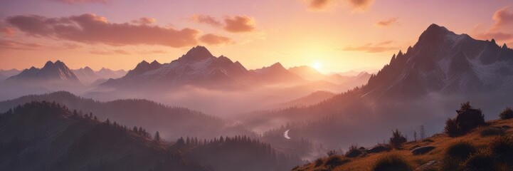 Obraz premium Mountain range at sunset with misty atmosphere, mist, natural wonders