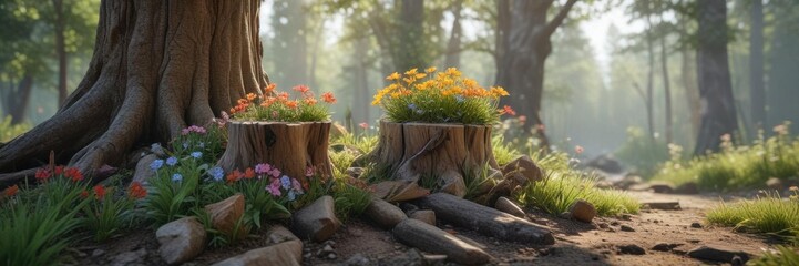 Obraz premium Nature scenes with blooming flowers around a tree stump, organic, nature