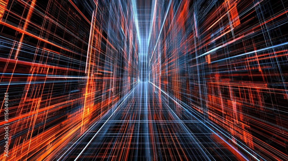 Poster abstract digital corridor with glowing lines and grid pattern, futuristic technology concept.