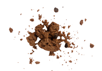 Chocolate cookies crumbs on white bacground