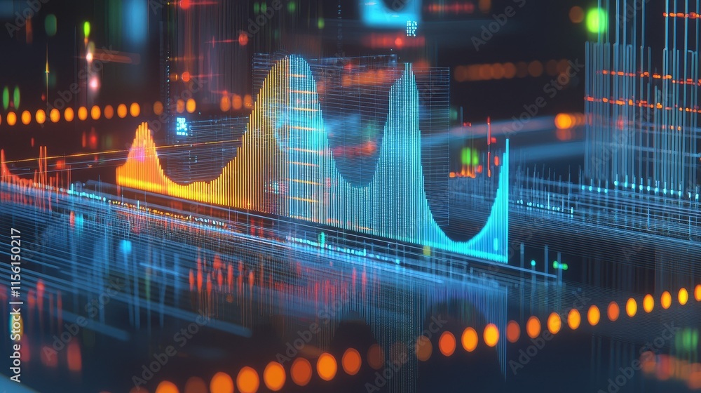 Poster abstract digital data visualization with glowing graphs and charts in vibrant colors.
