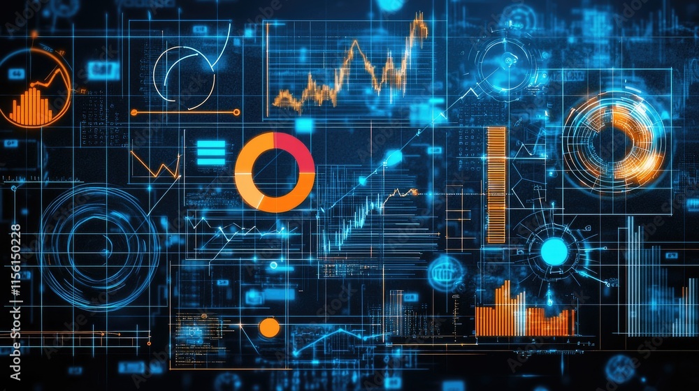 Poster abstract digital data visualization with charts, graphs, and diagrams.