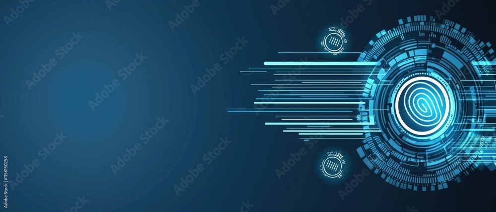 Poster abstract digital fingerprint technology background with glowing lines and circles.