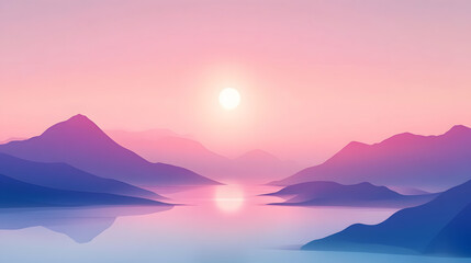 Serene Sunset Over Purple Mountains and Calm Lake