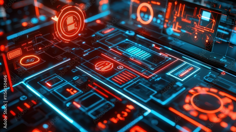 Poster abstract digital interface with glowing lines, nodes, and data indicators.