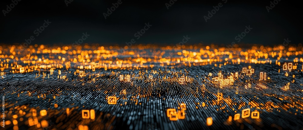 Poster abstract digital landscape with glowing orange data streams.