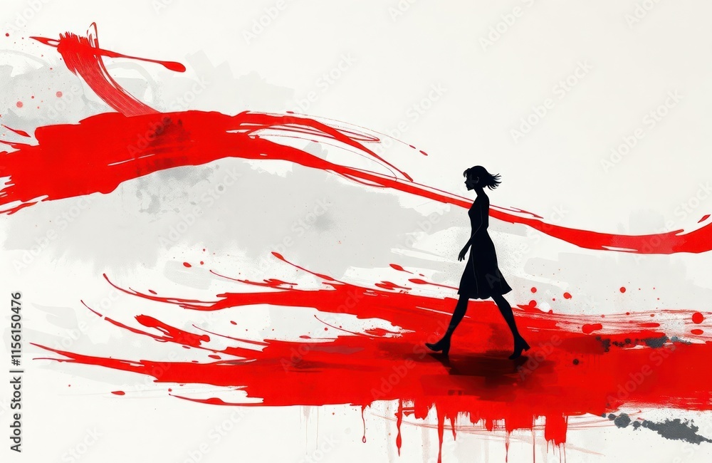 Poster woman walks path marked with red paint strokes on grey background. abstract art style. dynamic flow 