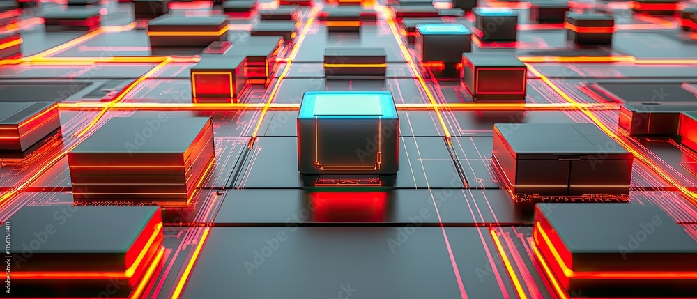 Aufkleber abstract digital network with glowing cubes and lines.