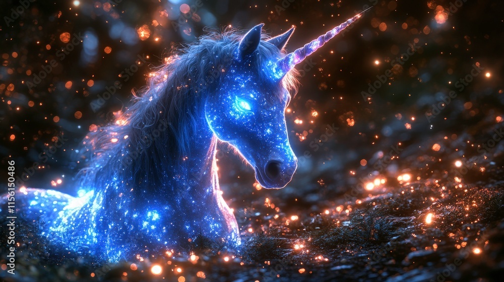 Poster enchanting unicorn surrounded by sparkling particles and a magical glow in a fantasy landscape, perf