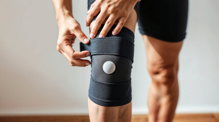 Black Knee Support with Sensor Element Against White Wall
