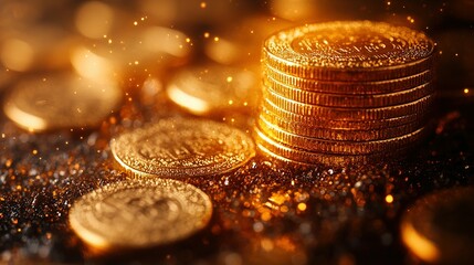 Golden Coins Stacked High Reflecting Light and Sparkle