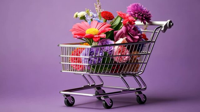 Supermarket shopping trolley full of various flowers on a purple background. Banner layout for florist and flower shop.