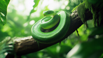 Fototapeta premium Green snake coiled on a mossy tree branch in a sunlit tropical rainforest, surrounded by lush greenery