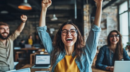 Team Celebration with Digital Tools in Vibrant Workspace