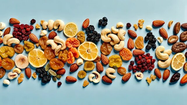 Top view of a row of various fruits with berries and nuts on a light blue background.