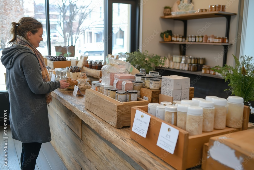 Poster a woman is shopping at a store with a lot of jars and bottles on the counter. she is looking at the 