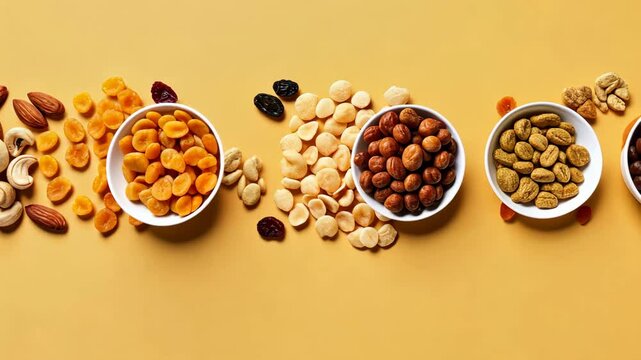 Top view of a row of various dry fruits with berries and nuts on a yellow background.