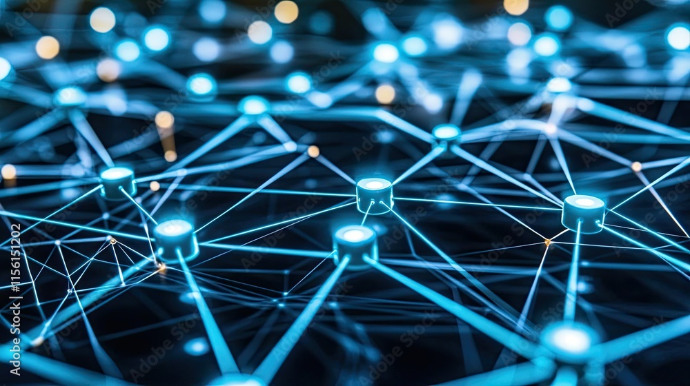 Poster abstract glowing network nodes and connections.
