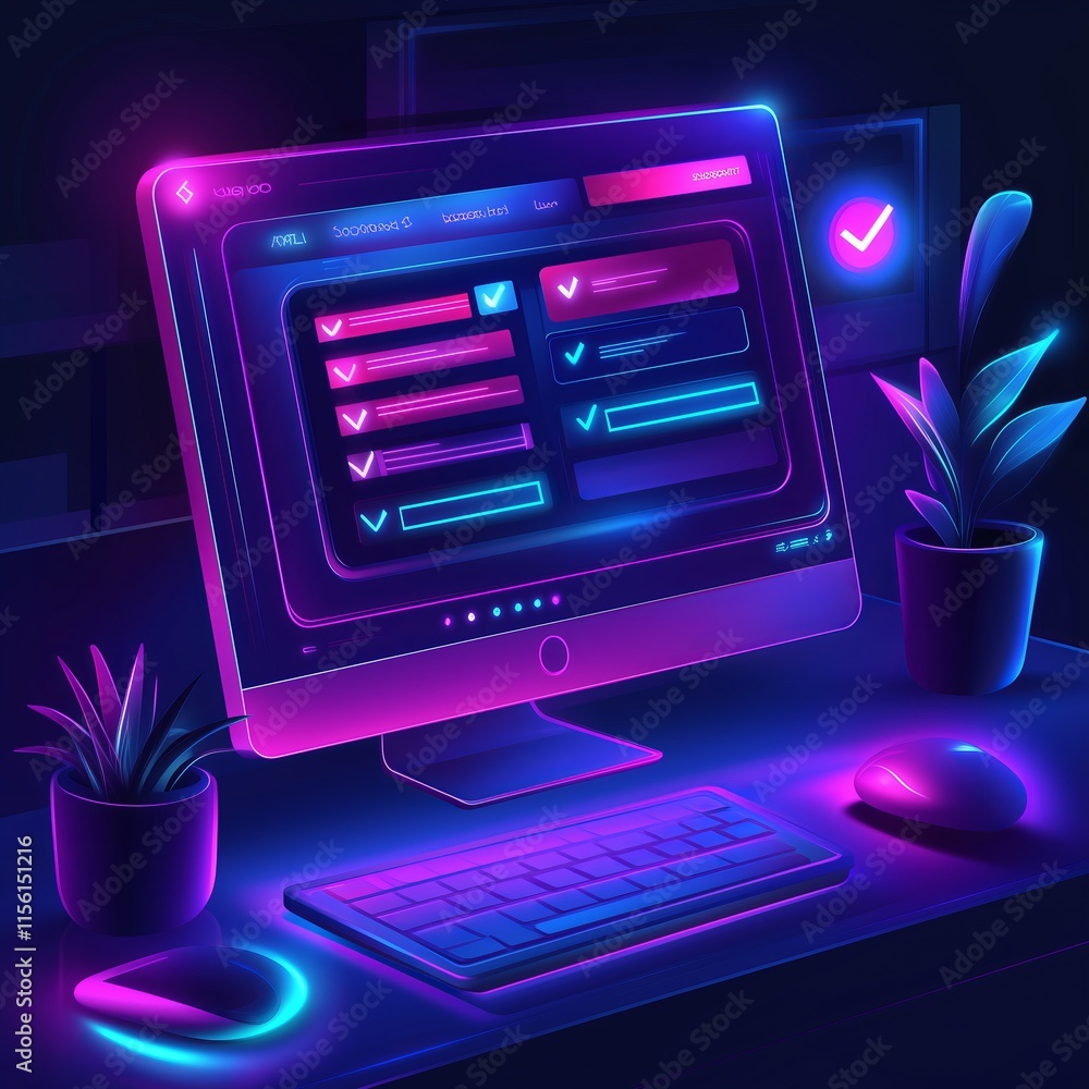 Poster user completing online survey form on computer with neon lights