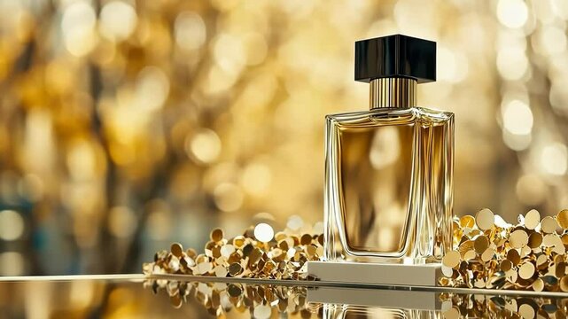 Elegant luxury perfume bottle with golden bokeh and reflective surface fragrance Generative Ai