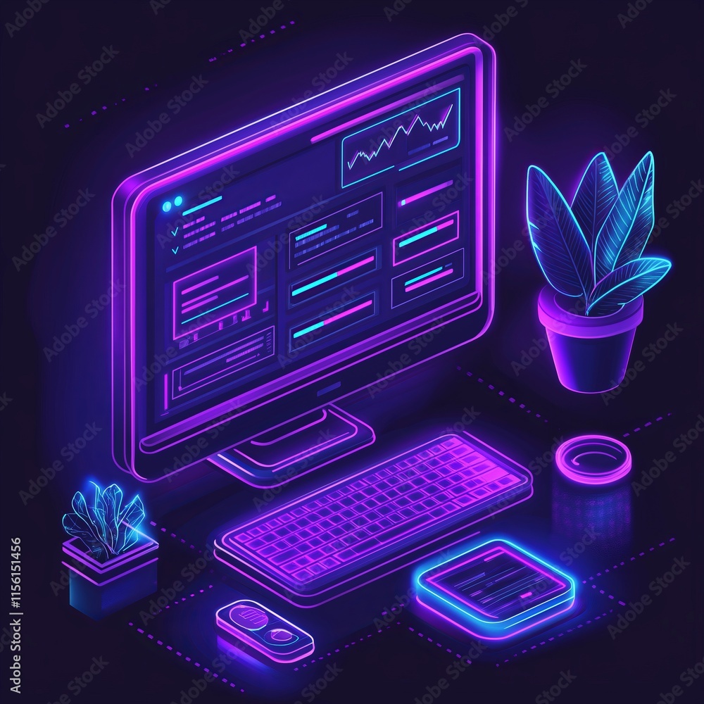 Aufkleber neon colored computer displaying charts and data on screen with keyboard, mouse and smartphone on de