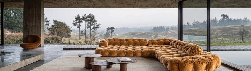 Serene Scandinavian Minimalist Living Room with Modern Beige Sofa and Scenic Views