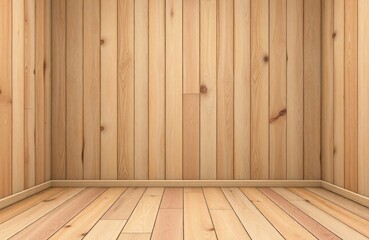 Naklejka premium Empty room with wooden wall paneling, hardwood floor. Natural light illuminates space. Interior design concept for home decor commercial displays. Timeless look. Light warm brown tones of wood.