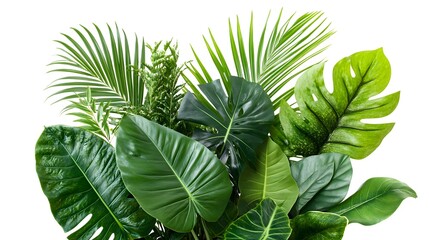 Lush Green Tropical Leaves Arrangement Vibrant Foliage White Background. Generative AI