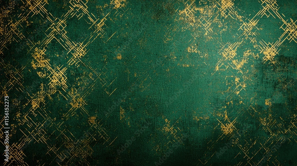 Poster abstract green and gold textured background with a distressed, grunge effect and subtle geometric pa