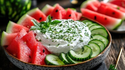A summer platter featuring refreshing cacık (yogurt with cucumber) and watermelon slices 