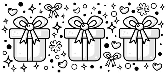 Outline Christmas gift box for  coloring page. Vector illustration of present box with bow, surprise ribbon for kids