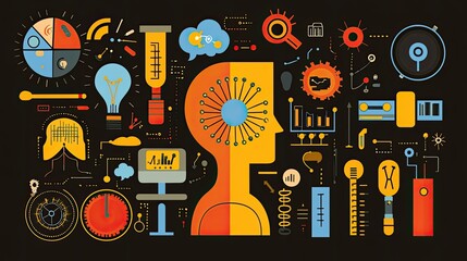 Obraz premium Abstract illustration of human mind with data, science, and technology icons.