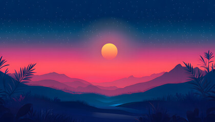 Naklejka premium Serene Sunset Over Silhouetted Mountains and Lush Vegetation