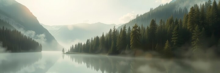 A beautiful double exposure photo effect showing the blending of a forest silhouette with a mountain landscape, forest, tranquility
