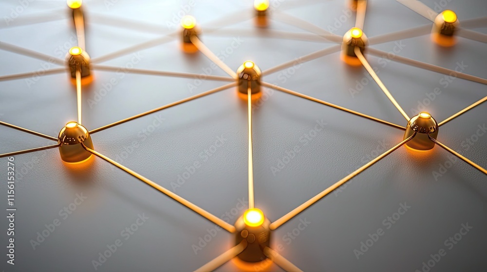 Poster abstract network of glowing golden nodes connected by thin lines on a light gray background.