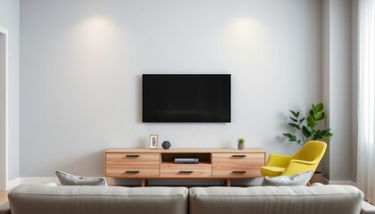 Modern living room features neutral color scheme with light gray sofa. Empty wall mounted flat screen TV, wooden TV stand. Stylish yellow armchair, plant add pops of color. Interior design