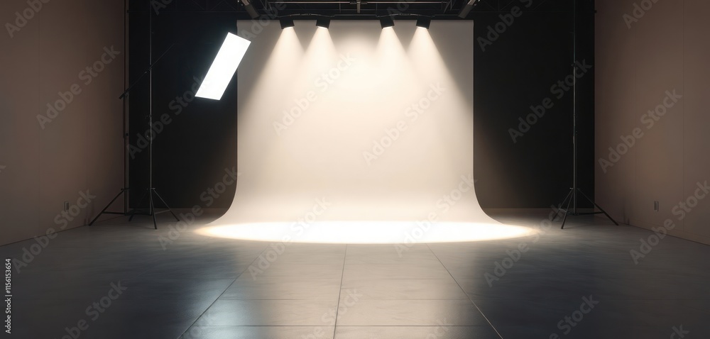 Poster empty photo studio with spotlight on white backdrop. studio lighting illuminates empty space. dark b