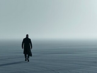 A flat, grey landscape with a lone figure walking in the distance, empty space, isolation