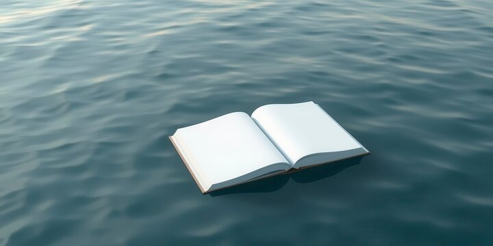 A floating book mockup displaying an empty cover on a serene water surface, empty, mockup