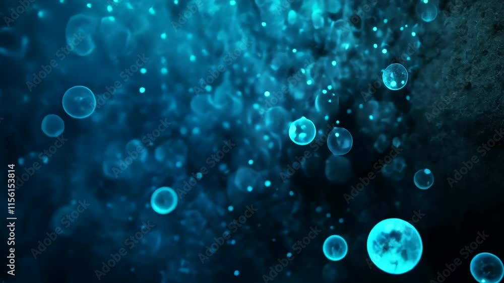 Poster blue bubbles rising against a dark backdrop in an abstract display of light and motion