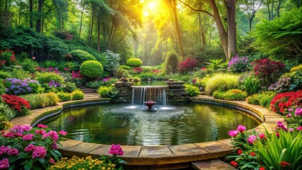 Soothing forest surroundings with a serene water feature, surrounded by lush greenery and vibrant flowers, promoting relaxation and inner peace , calmness, harmony