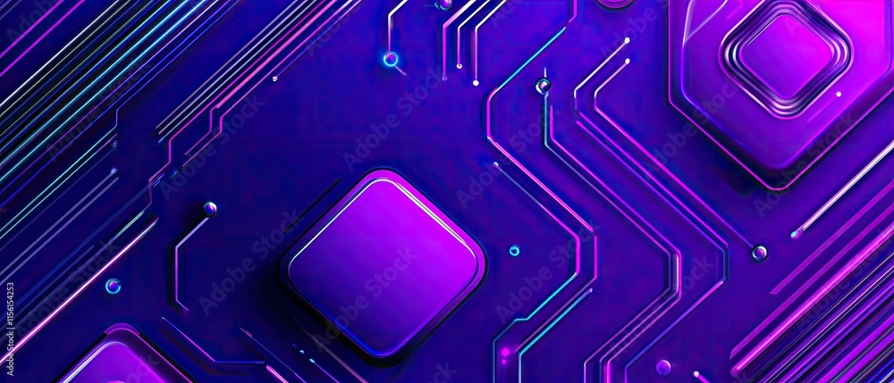 Poster abstract purple circuit board texture with glowing lines and square components.