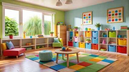 Cozy children's playroom with colorful furniture and toys, educational, kid friendly,  educational