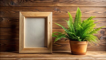 A beautifully crafted wooden frame with a pair of lush green ferns and a small potted plant, sitting on a wooden table