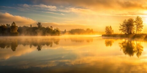 Obraz premium A shallow pool of water reflects the soft, golden light of a foggy morning, reflective, pool, reflective, pool,water, serene